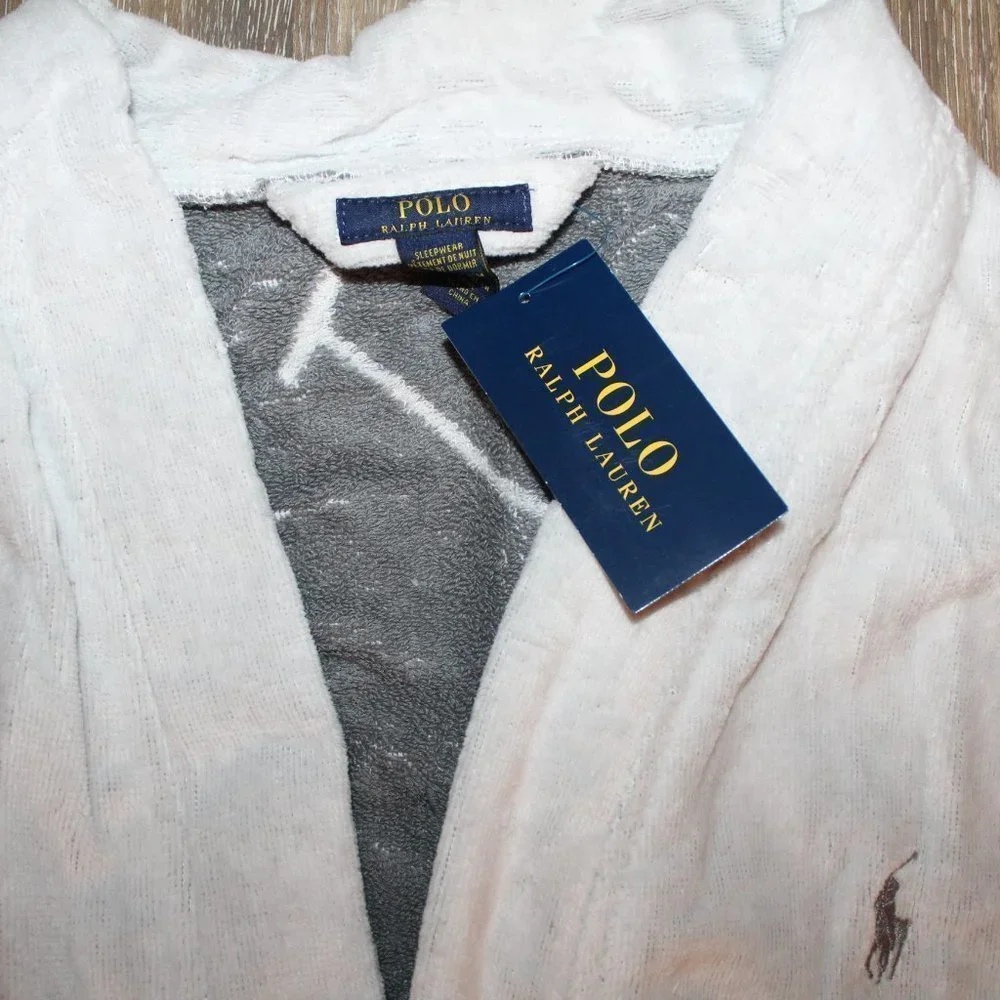 NWT MEN'S POLO RALPH LAUREN BIG‎ PONY VELOUR PLUSH BATH ROBE WHITE GRAY